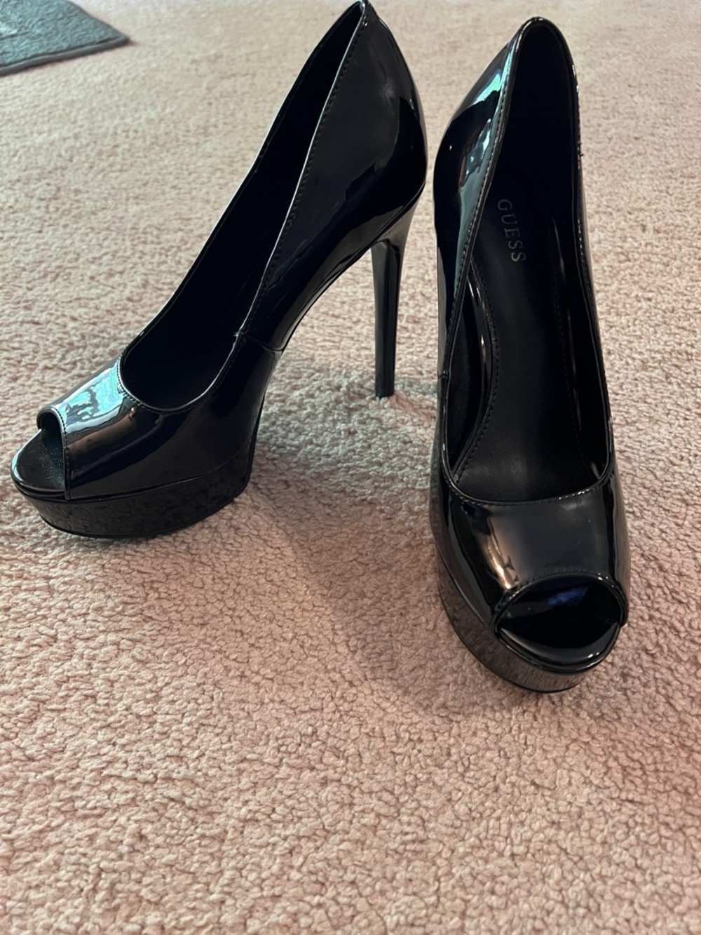 GUESS Black Patent Peep-Toe Platform Stilettos